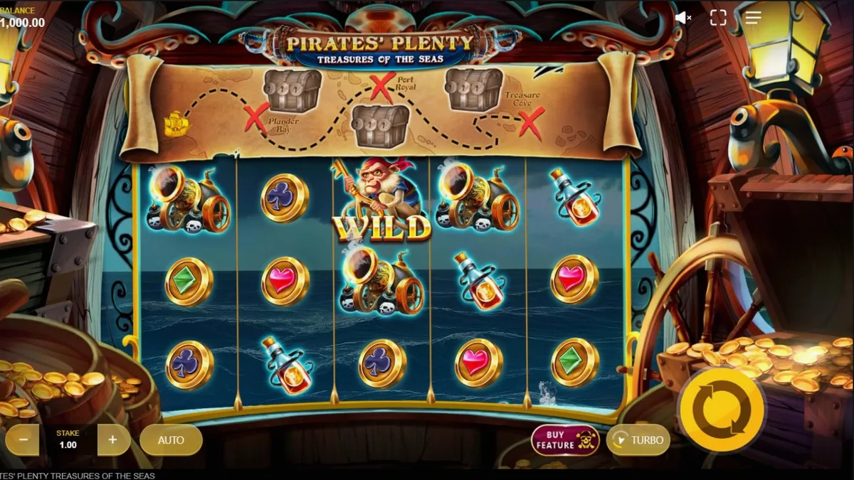 Tampilan layar permainan slot Pirates’ Plenty: Treasures of the Seas dengan latar kapal bajak laut